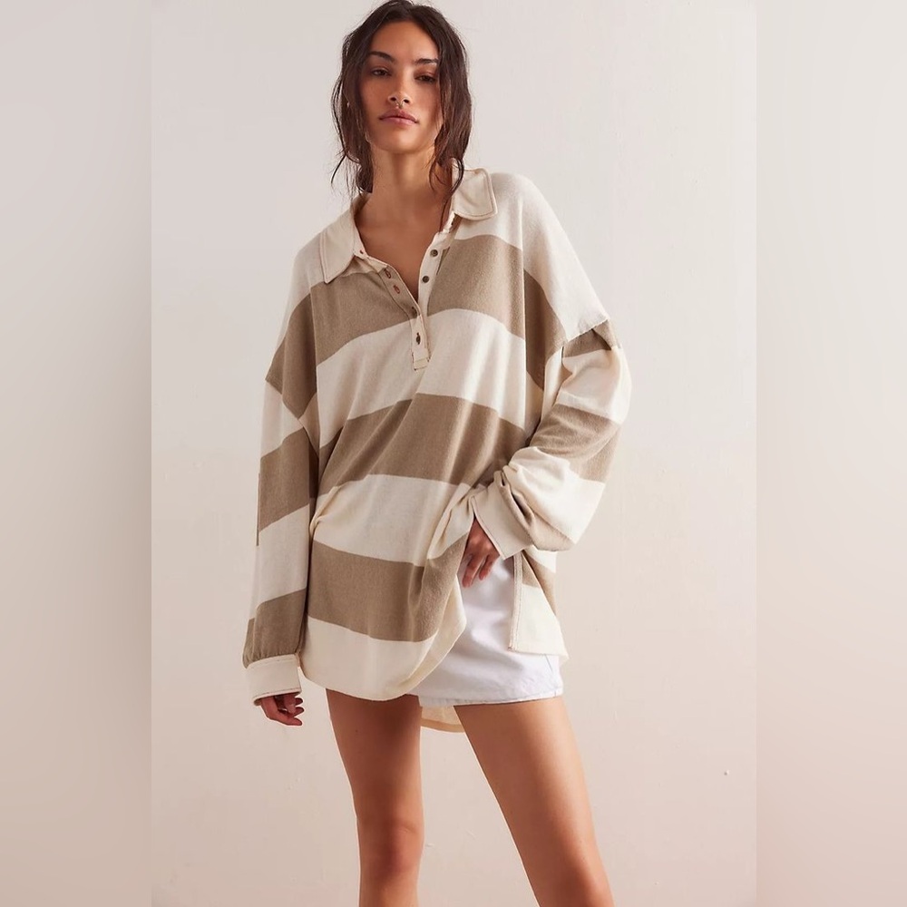 We The Free Beige and Cream Striped Button Down Shirt